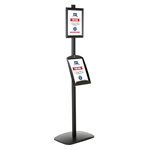 M&T Displays Free Standing Aluminum Display Stand Single Sided Document Brochure Sign Holder Front Loading Portrait Landscape Black Snap Frame 8.5x11 and Metal Tray Shelf 8.5x11 Inch