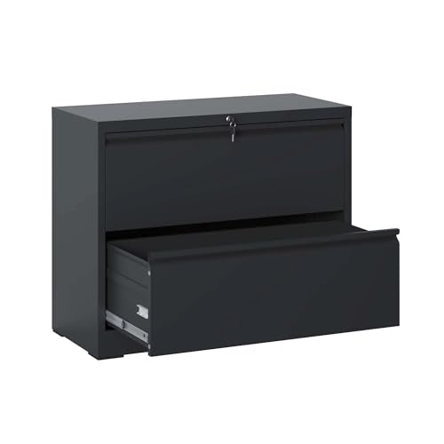 leoglint Lateral File Cabinet 2 Drawer, Black Filing Cabinet with Lock, Lockable File Cabinet for Home Office, Locking Metal File Cabinet for Legal/Letter/A4/F4 Size