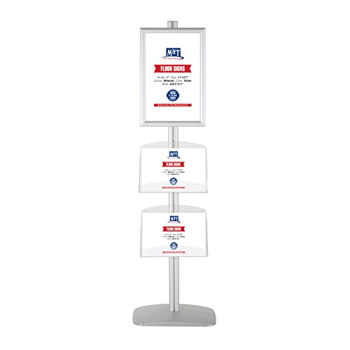 M&T Displays Free Standing Aluminum Display Stand Single Sided Document Brochure Sign Holder Front Loading Portrait Landscape Silver Snap Frame 1x(11x17) and 2 pcs Clear Acrylic Shelf 2x(8.5x11) Inch