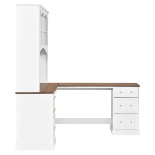roomfitters L Shaped Computer Desk with Arched Hutch, Farmhouse Corner Writing Workstation Dual Charging Station, White