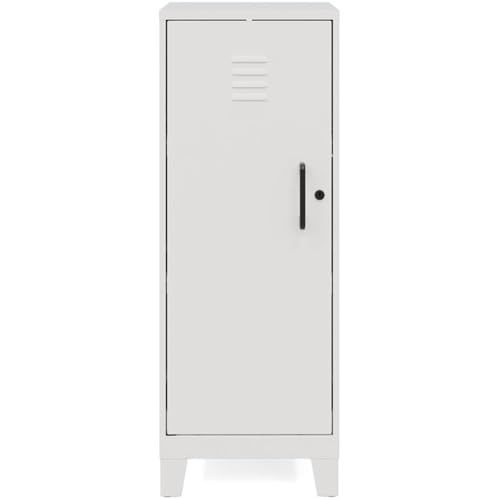 Pemberly Row 42.5" H 3-Shelf Metal Storage Locker Cabinet, Pearl White Finish, Welded Steel Construction, Locking Hinged Door, Fully Assembled, Industrial Style for Office, Classroom, or Garage Use