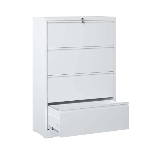 Wide File Cabinet 4 Drawer, White Filing Cabinet with Lock Home Office