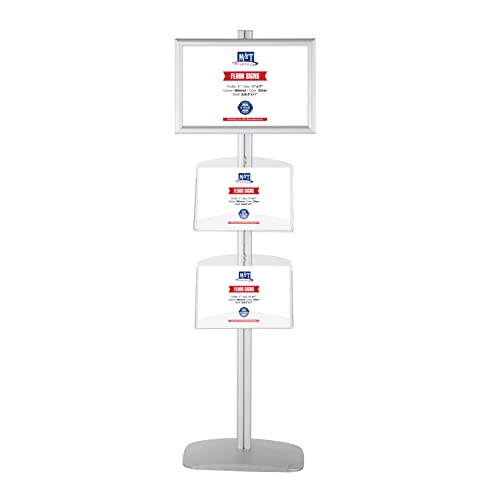 M&T Displays Free Standing Aluminum Display Stand Single Sided Document Brochure Sign Holder Front Loading Portrait Landscape Silver Snap Frame 1x(11x17) and 2 pcs Clear Acrylic Shelf 2x(8.5x11) Inch