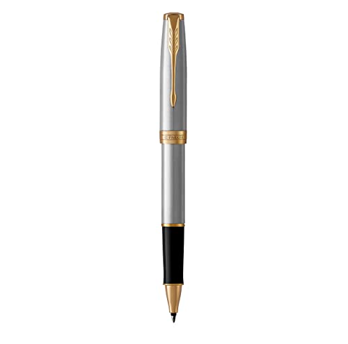 PARKER Sonnet Rollerball Pen, Stainless Steel with Gold Trim, Fine Point Black Ink (1931506)