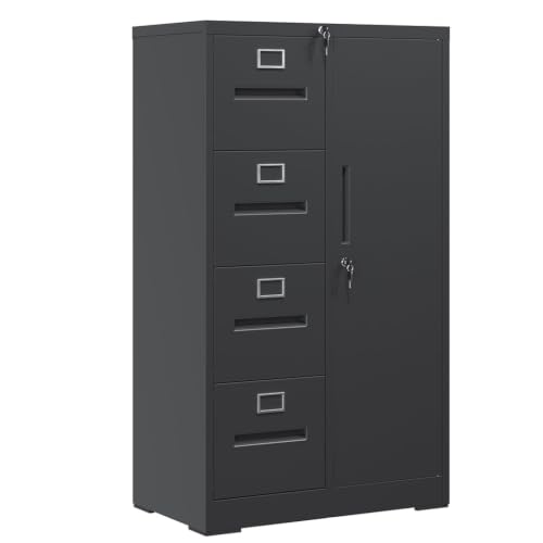 LMAOSS 4 Drawer File Cabinet with Lock, Vertical File Cabinet with Lock, 1 Door, Shelves and Adjustable Hanging Rails, Metal Storage Cabinets for Home, Office, Garage, School,Black