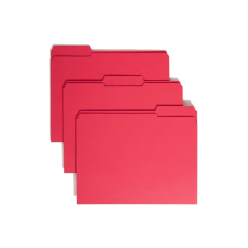 Smead Reinforced Top Tab Colored File Folders, 1/3-Cut Tabs: Assorted, Letter Size, 0.75" Expansion, Red, 100/Box