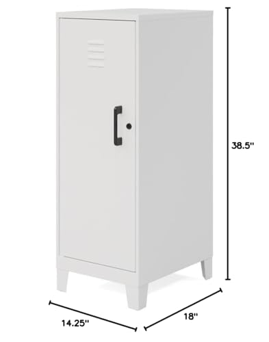 Pemberly Row 42.5" H 3-Shelf Metal Storage Locker Cabinet, Pearl White Finish, Welded Steel Construction, Locking Hinged Door, Fully Assembled, Industrial Style for Office, Classroom, or Garage Use