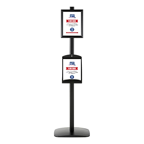 M&T Displays Free Standing Aluminum Display Stand Single Sided Document Brochure Sign Holder Front Loading Portrait Landscape Black Snap Frame 8.5x11 and Metal Tray Shelf 8.5x11 Inch