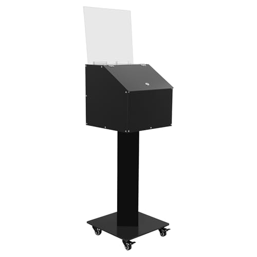 SHOUMANUAL Suggestion Box with Stand, 14" X 14" Acrylic Offering Box with Lock & Key, Wheels, Locking Ballot Collection Safe Boxes with Sign Holder for Voting Contest Charity Donation (Black)
