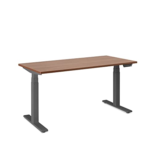 Poppin Series L Adjustable Height Single Desk, Walnut, 57", Modern Sit and Stand Solution with Charcoal Electric Legs Adjusting Height 25" to 50,5", LED Display with Four Memory Buttons