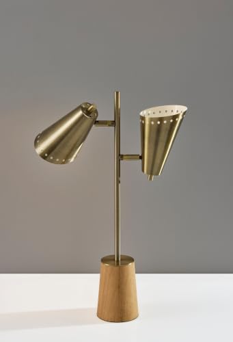 Adesso Antique Brass Table Lamp with Metal Cone Shades and Wood Base