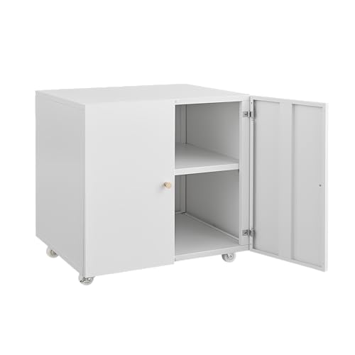 anwickjeff Metal Office Filing Cabinet with 2 Door and 360 ° Universal Wheel,Home Office Printer Stand Cabinet, Rolling Printer Stand for Legal/Letter/A4 Files (White)