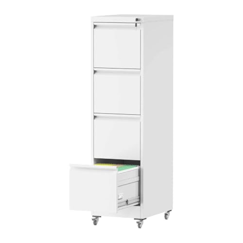 FOSTOKO File Cabinet with Wheels, 4 Drawer Metal File Cabinet, White