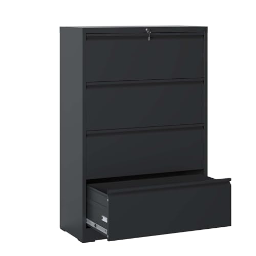 Merax WideFile Cabinet 4 Drawer, Black Filing Cabinet with Lock Home Office