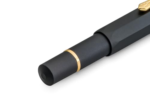 Kaweco PISTON SPORT AL Black/Gold Starter Set I Classic Aluminium Fountain Pen for Ink Bottles in Nostalgic Box including Kaweco Ink Bottle in Royal Blue I Piston Filler 13 cm I Nib: M (Medium)