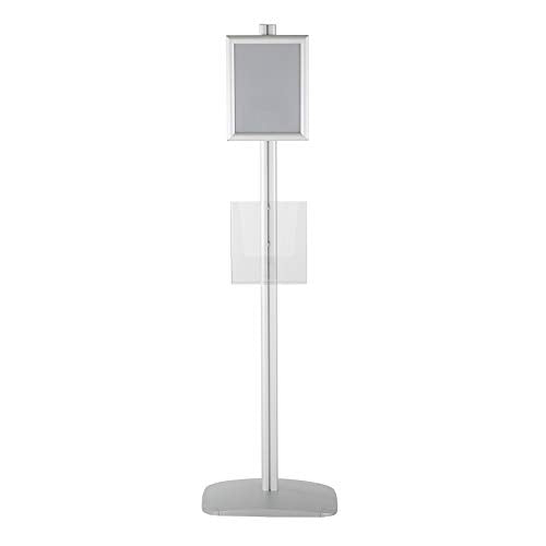 M&T Displays Free Standing Aluminum Display Stand Single Sided Document Brochure Sign Holder Front Loading Portrait Landscape Silver Snap Frame 1x(8.5x11) and Clear Acrylic Pocket 1x(8.5x11) Inch