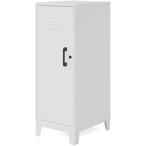 Pemberly Row 42.5" H 3-Shelf Metal Storage Locker Cabinet, Pearl White Finish, Welded Steel Construction, Locking Hinged Door, Fully Assembled, Industrial Style for Office, Classroom, or Garage Use