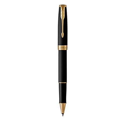 PARKER Sonnet Rollerball Pen, Matte Black Lacquer with Gold Trim, Fine Point Black Ink (1931518)