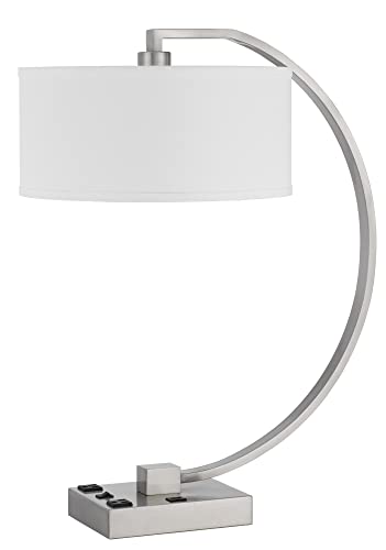 Cal Lighting LA-8038DK Belfort Metal Desk Lamp with 2 Power Outlets and 1 USB Charging Port, Brushed Steel