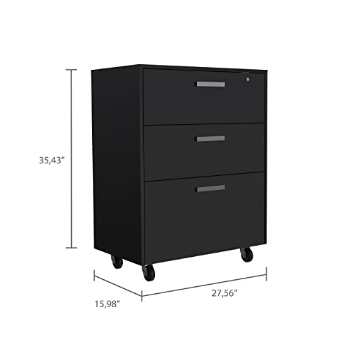 Penny Storage Cabinet with 3 Drawers, 4 Casters, and Padlock, Black