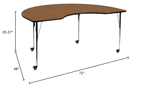 BOWERY HILL Kidney-Shaped Mobile Activity Table, 31" x 72", Oak Finish, Scratch and Stain Resistant Surface, Adjustable Chrome Steel Legs, Durable Classroom or Meeting Room Table, Seating for 6-8