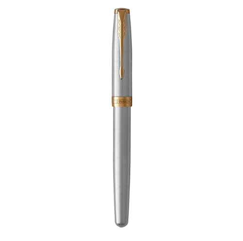 PARKER Sonnet Rollerball Pen, Stainless Steel with Gold Trim, Fine Point Black Ink (1931506)