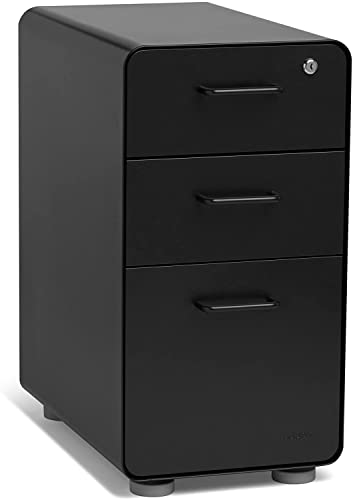 Poppin Slim Stow 3-Drawer File Cabinet - Black. 2 Utility Drawers and 1 Vertical Hanging File Drawer. Fully Painted Inside and Out. Powder-Coated Steel. Two Keys Included
