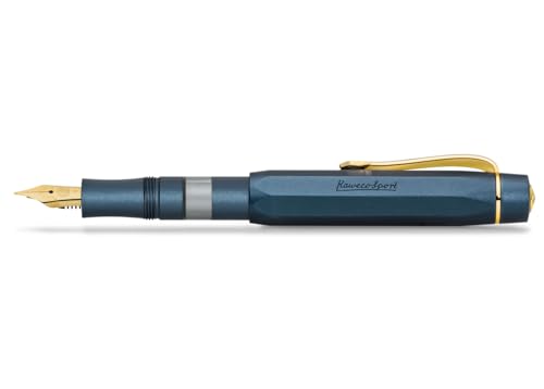 Kaweco PISTON SPORT AL Navy/Gold Starter Set I Classic 13 cm Aluminium Fountain Pen with Steel Nib in Nostalgic Box I Including 32 ml Ink Bottle in Royal Blue I Nib: EF (Extra Fine)