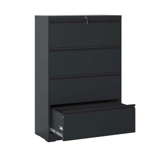 SRECELL Metal Lateral File Cabinet 4 Drawer, Lockable Filing Cabinet for Letter Legal A4 F4 Files, Wide Office Storage with Hanging Rails, Secure Home Office Organizer,Black