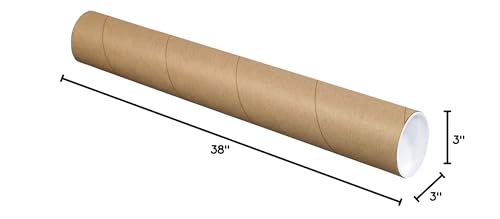 BOX USA BP3038K Mailing Tubes with Caps, 3" x 38", Kraft (Pack of 24)