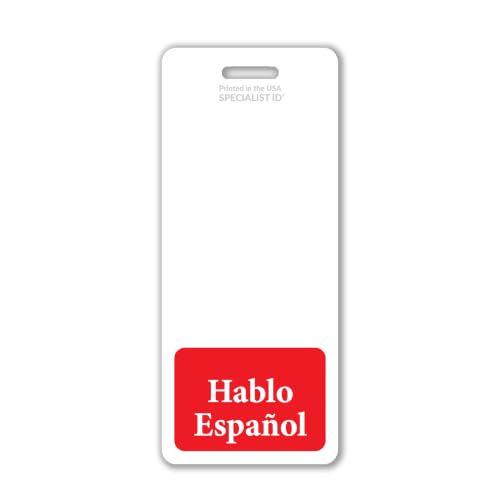 Bulk 20 Pack - Hablo Español Badge Buddy - Vertical Bilingual ID Backer for Spanish Speaking Staff - Heavy Duty Double Sided XL Badge Identifier for Retail, Hospital & Warehouse (Red)