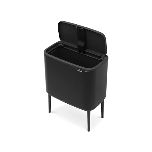 Brabantia Bo Touch Top Kitchen Trash Can with Single Compartment & Raised Legs | Matt Black | 9.5 Gal Inner Bucket | Soft-Close Garbage Can, Stay-Open Lid | Fits Against Wall | + Trash Bags
