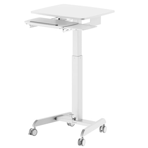 Mount-It! Height Adjustable Rolling Laptop Desk with Keyboard Tray, Mobile Sit-Stand Computer Cart with Wheels, Small Standing Desk for Home, Office, or Classroom, 23.6" x 20.5", White