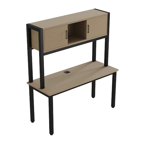NBF 60” Credenza Desk with Hutch - Industrial Office Workstation with 1.125” Thick Laminate Top, Cable Management and Steel Legs - Cortez 1 Open Storage Computer Desk, 60" W, Natural