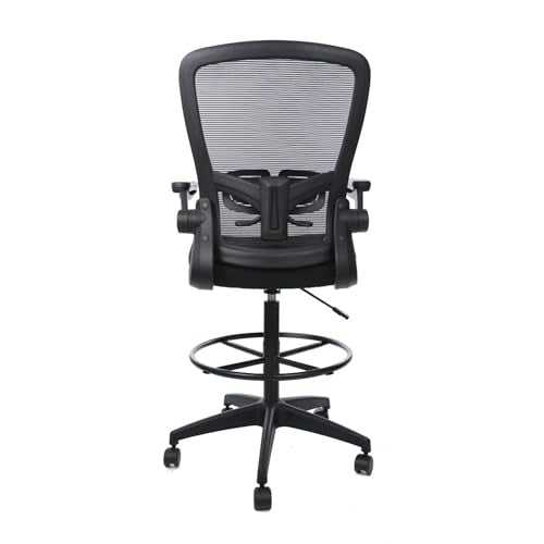 Benzara DEA Drafting Stool Chair, Flip-Up Arms, Black Mesh, Chrome Footring