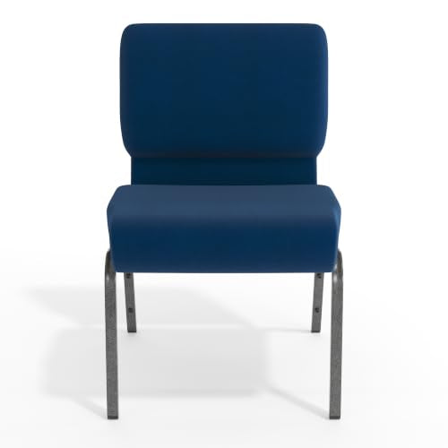 BizChair 21"W Stacking Church Chair in Navy Blue Fabric - Silver Vein Frame
