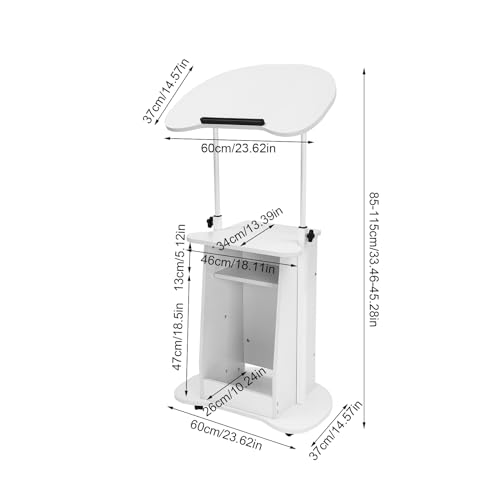 Unnsiapit Wooden Podium Stand, H33.5-45.3in Adjustable Height Rolling Lectern Stand Laptop Holder with 2 Shelves & Wheels for Office Presentation Conference, L23.6*W14.6in Tabletop (White)