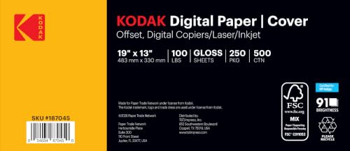 KODAK Digital Paper - 19 x 13, 100 lb Cover, Gloss White Premium Digital Printing Stock, 500 Sheets per Carton