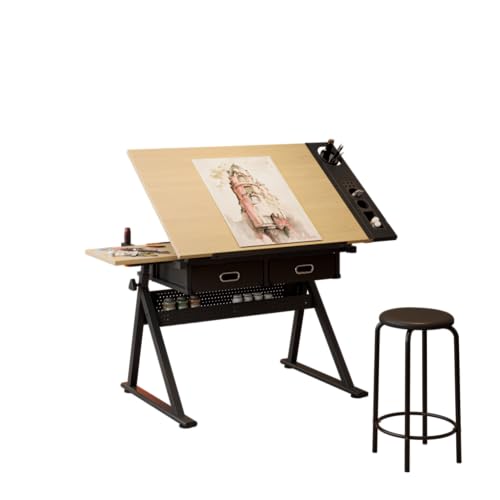 NestLude Adjustable Drafting Table with Stool, Tilting Art Desk with Storage Drawers for Home Office, Reading, Writing, Crafting. Perfect for Artists and Hobbyists (White Oak)