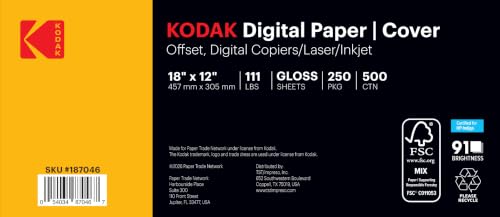 KODAK Digital Paper - 18 x 12, 111 lb Cover, Gloss White 18 x 12 Premium Digital Printing Stock, 500 Sheets per Carton