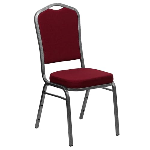 Flash Furniture 01SV3169 Crown-Back Stacking Chair, Burgundy Fabric, 2.5 Seat, Silver Vein