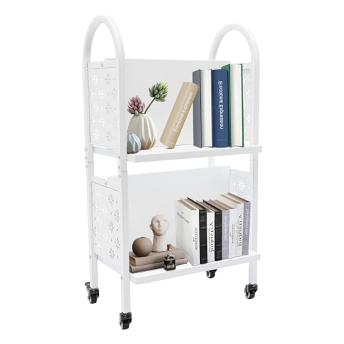 HAPPCUCOE Library Book Cart,2-Tiers Rolling Book Cart with Wheels,Library Cart Book Cart for Libraries, Office, Classrooms, Conference Room,White
