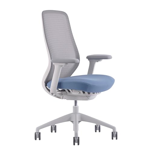 WorkPro Ergonomic Mesh/Fabric High-Back Office Chair, Light Blue Seat, White
