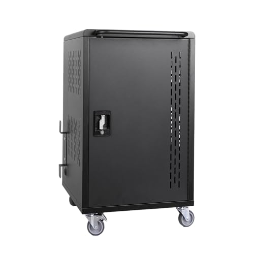 32-Bay Mobile Charging Cart for Laptops & Tablets up to 15.6", Locking Doors & Casters, Ventilated Design, Built-in Power Strip, School/Office Use, Easy Assembly, Black