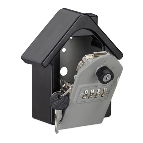 Relaxdays 2 x Key Box with Combination, House Shape, 4-Digit Code, Wall, HLP, 15 x 13.5 x 7 cm, Black/Grey