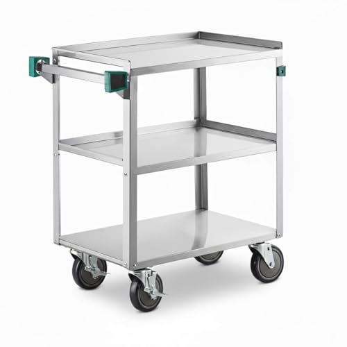16" x 27" Commercial Stainless Steel Utility Cart with Three Shelves - NSF Service Cart with Handle and 5" Swivel Casters, Heavy-Duty Rolling Cart for Kitchen, Hotel and Catering