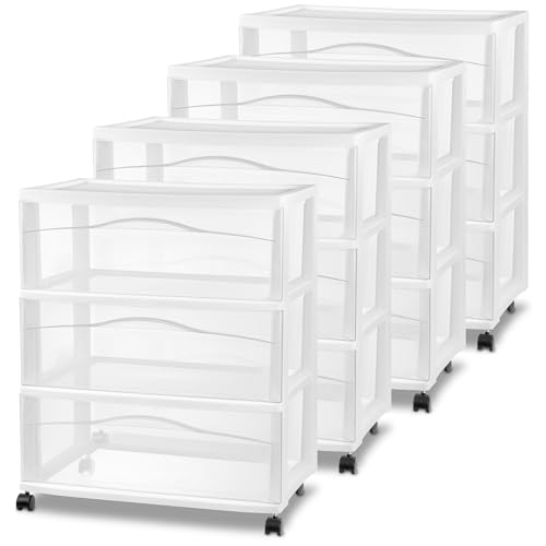 Sterilite Wide 3-Drawer Cart with Wheels for Bedroom and Dresser, 4-Pack