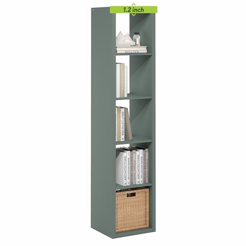 Furinno Cubicle Book Shelf, Vertical 5-Cube Bookshelf, Extra Thick Horizontally & Vertically Reversible Bookcase with Open Back, 14.6" x 16" x 72", for Living Room, Bedroom, Home Office, Sage Green
