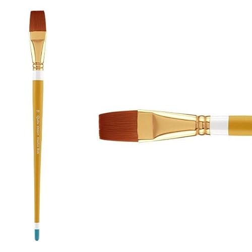 Creative Mark Qualita Golden Taklon Long Handle Paint Brush for Acrylics, Oils, Fine Art, Heavy Bodied Media - Single Brush - [Bright - Size 12]
