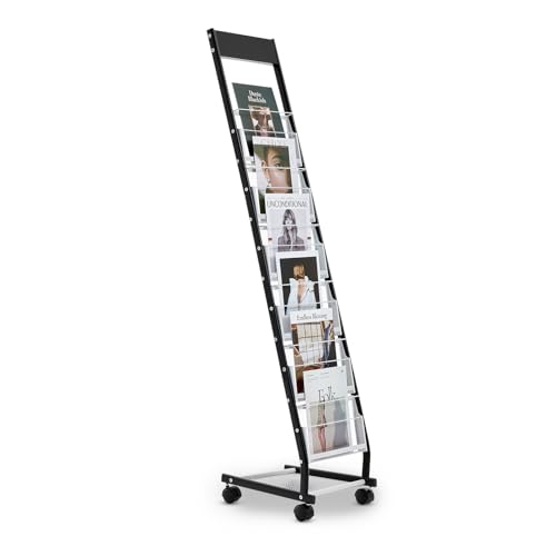 VEVOR Brochure Display Rack, Narrow 6-Tier Magazine Literature Display Stand with Wheels, Metal Floor Standing Magazine Rack, Movable Newspaper Catalog Holders for Shop Exhibitions Office (6 Pockets)